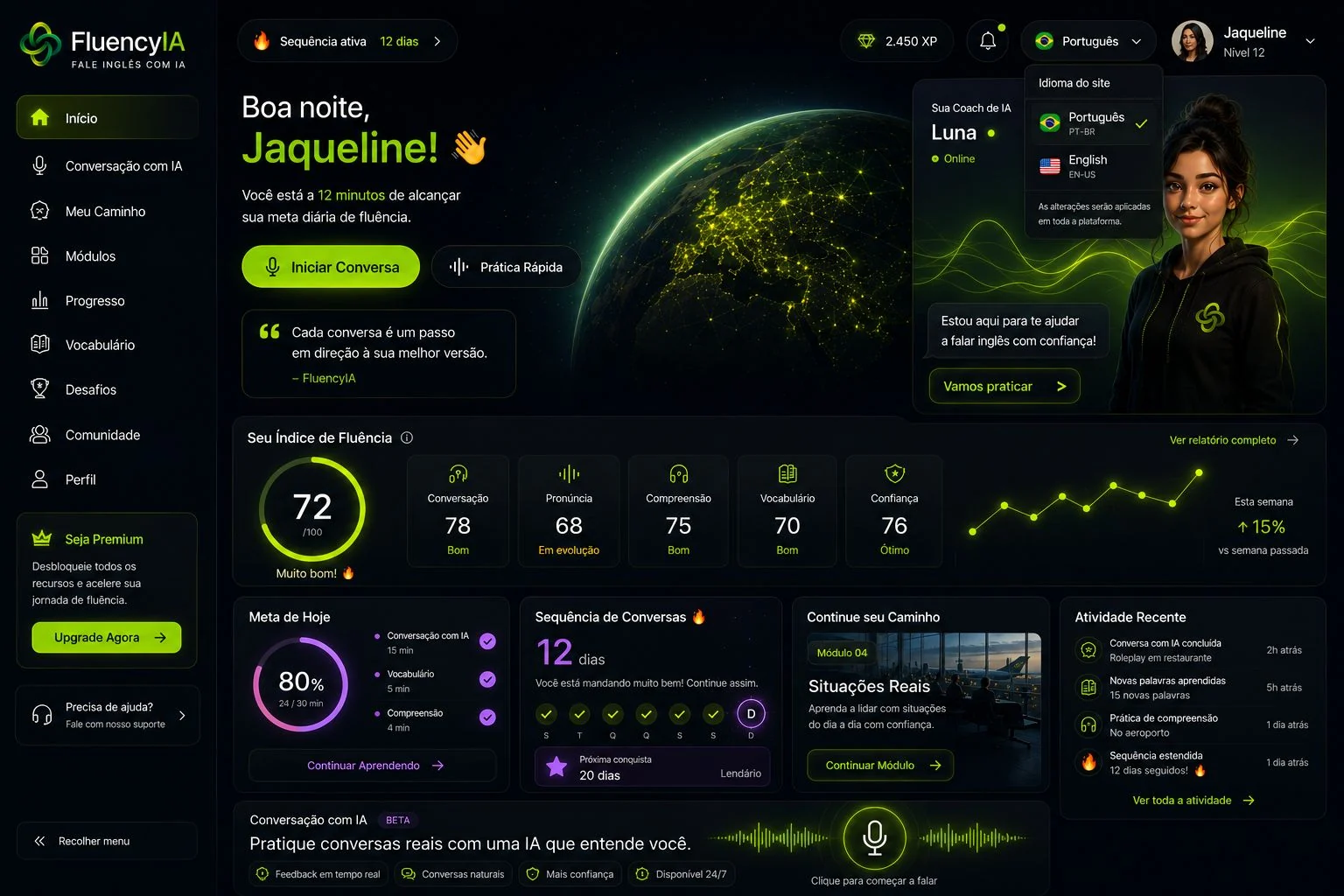Painel da FluencyIA com Fluency Score, meta do dia, sequência de conversas e a coach Luna